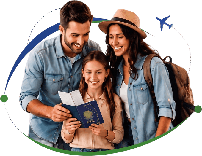 Família feliz segurando passaportes e pronta para viajar, representando o sucesso da assessoria para vistos e passaportes da S2 Vistos.