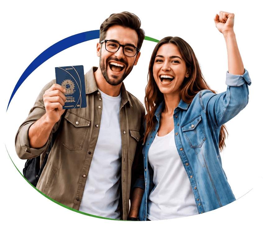 Casal jovem e feliz comemorando com o passaporte em mãos após conseguirem a aprovação do visto internacional com a assessoria da S2 Vistos.