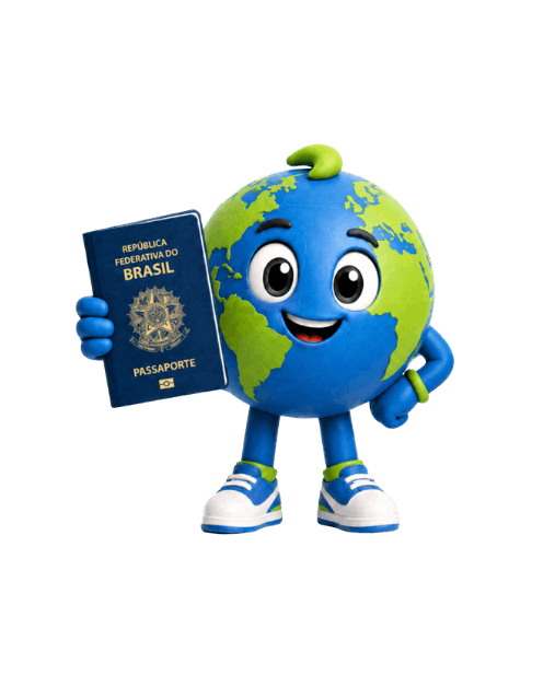 Ilustração 3D animada do mascote da S2 Vistos, um planeta Terra sorridente segurando um passaporte brasileiro azul.