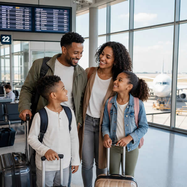 Família sorridente com duas crianças segurando malas no saguão do aeroporto, preparando-se para embarcar em um avião visível ao fundo pela janela.