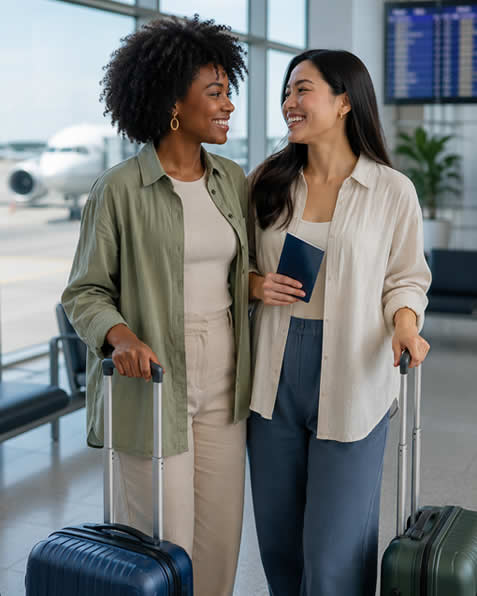 Duas amigas sorridentes segurando malas de viagem e passaporte no saguão do aeroporto, com um avião visível ao fundo pela janela.