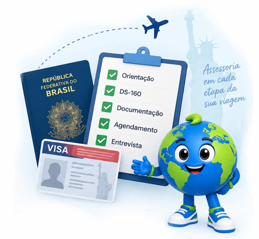 Ilustração do mascote globo da S2 Vistos apresentando uma prancheta com o checklist do visto americano (DS-160, documentação, agendamento e entrevista), ao lado de um passaporte brasileiro e um cartão de visto.