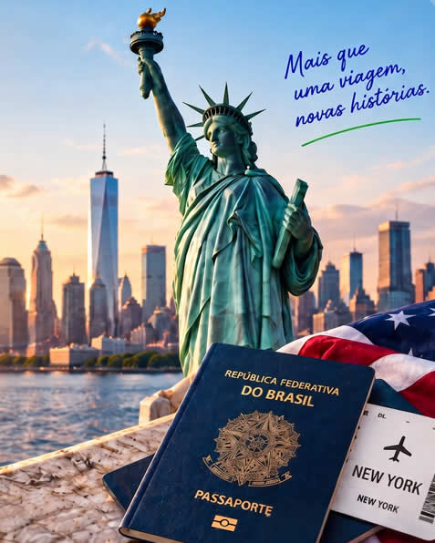 Passaporte brasileiro, passagem aérea para Nova York e bandeira dos EUA com a Estátua da Liberdade ao fundo. Ilustração para o guia de visto americano da S2 Vistos.
