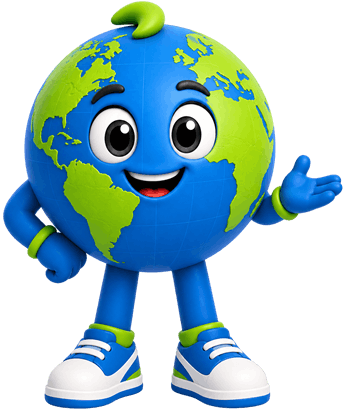 Mascote 3D em formato de planeta Terra sorrindo e fazendo um gesto de apresentação, ilustrando a seção de dúvidas frequentes de assessoria consular da S2 Vistos.
