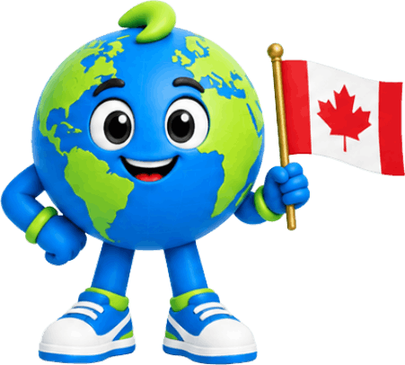 Mascote 3D em formato de planeta Terra sorrindo e segurando a bandeira do Canadá, ilustrando a página do guia de visto canadense da S2 Vistos.
