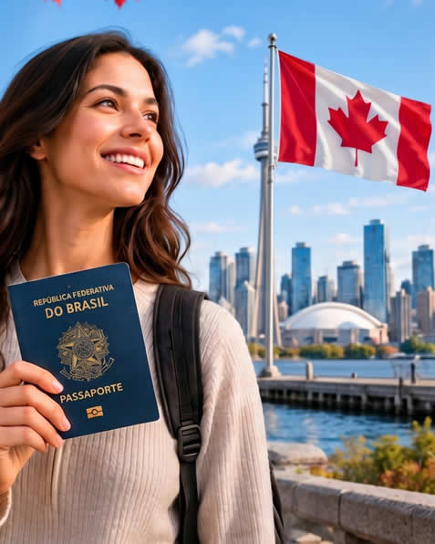 Mulher sorridente segurando passaporte brasileiro diante do horizonte da cidade de Toronto e da bandeira do Canadá, representando o planejamento e a solicitação de visto canadense com a S2 Vistos.
