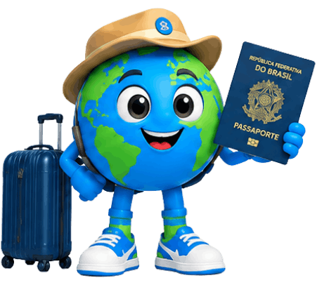 Ilustração do mascote da S2 Vistos em formato de globo terrestre, com chapéu de explorador e ténis, a segurar um passaporte brasileiro numa mão e a puxar uma mala de viagem azul na outra.