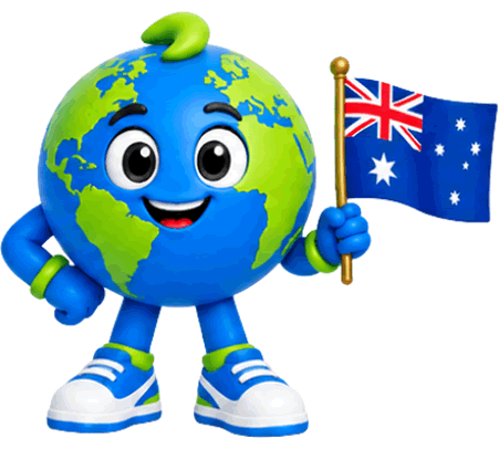 Mascote 3D em formato de planeta Terra sorrindo e segurando a bandeira do Canadá, ilustrando a página do guia de visto para australia da S2 Vistos.